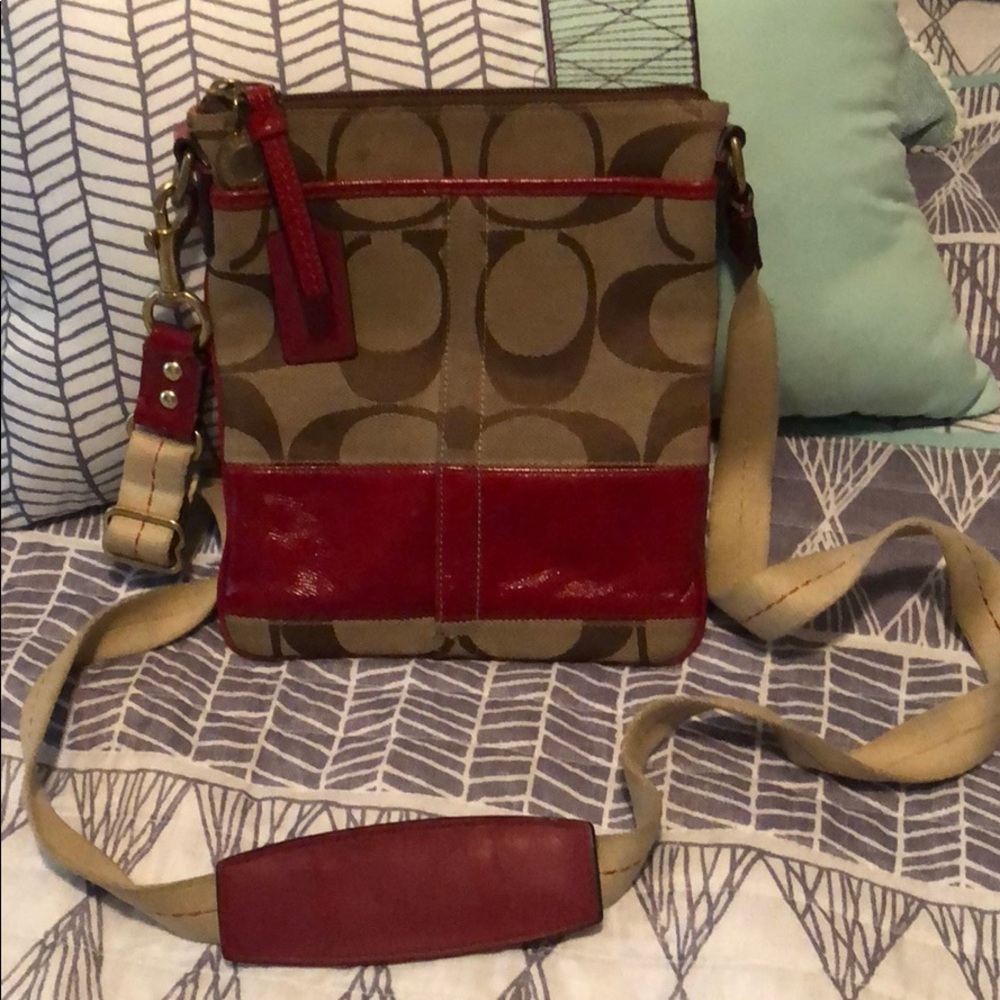 Coach Signature Khaki with Red Strip Crossbody